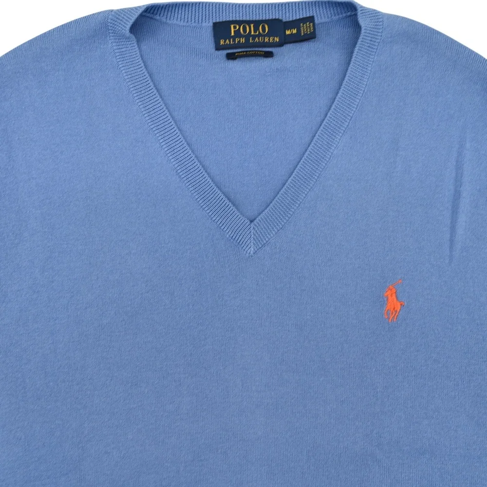 100% Pima Cotton Polo Ralph Lauren Men V-Neck Sweater Vest Blue Orange Pony M